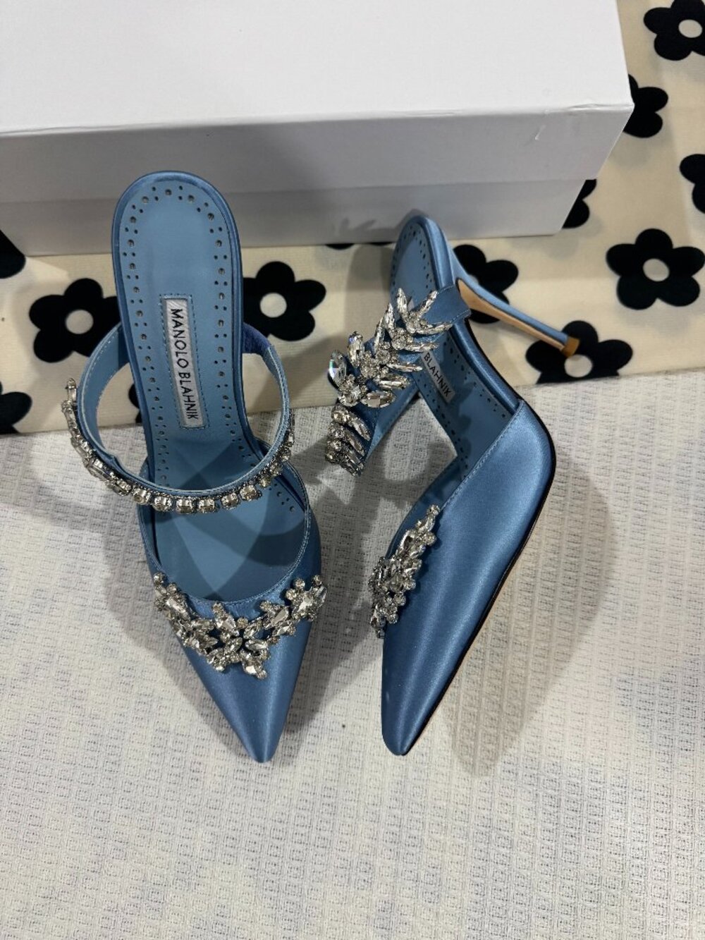 Manolo Blahnik Dusty Blue Satin Rhinestone Slingback Heels